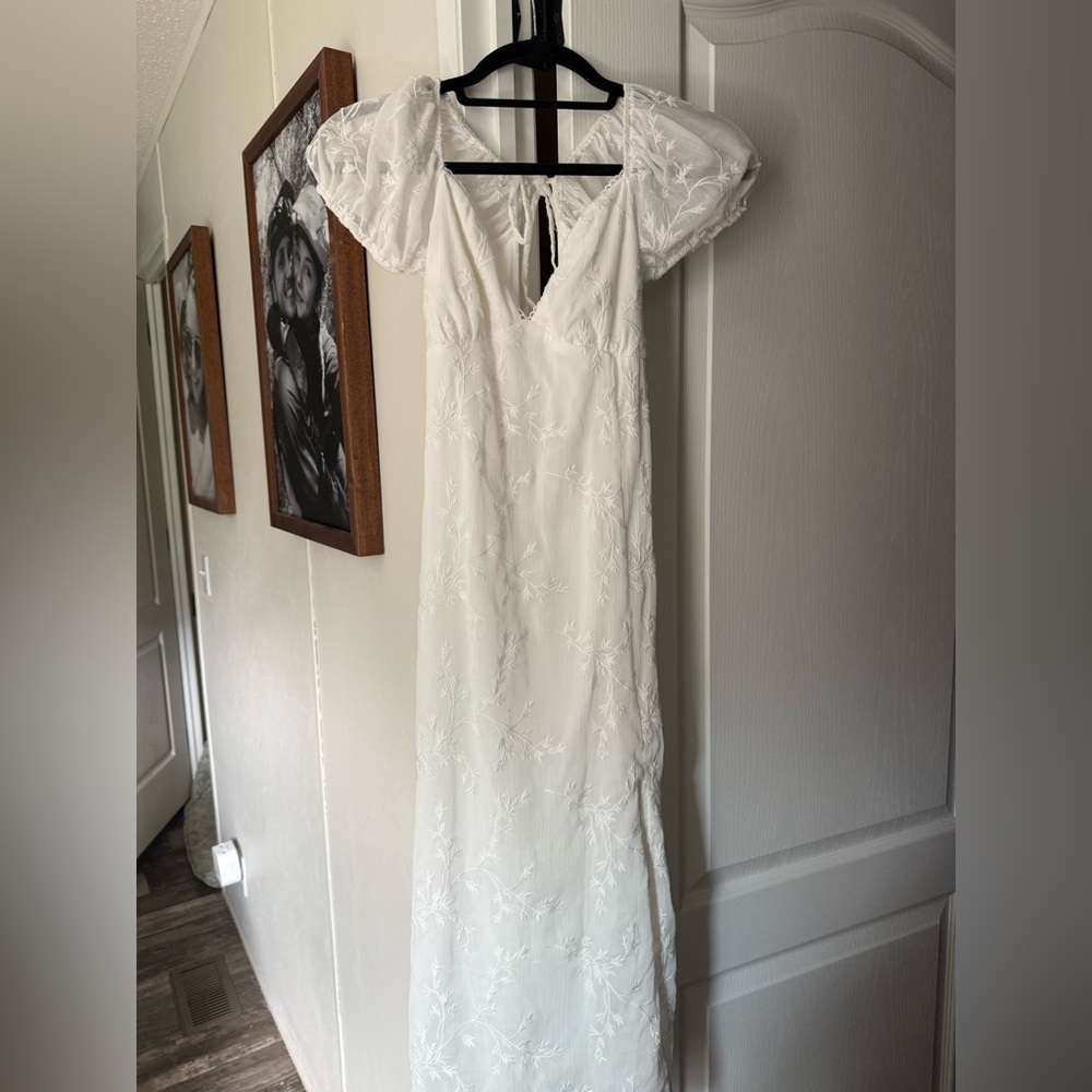 White Embroidered Midi Dress with Puff Sleeves